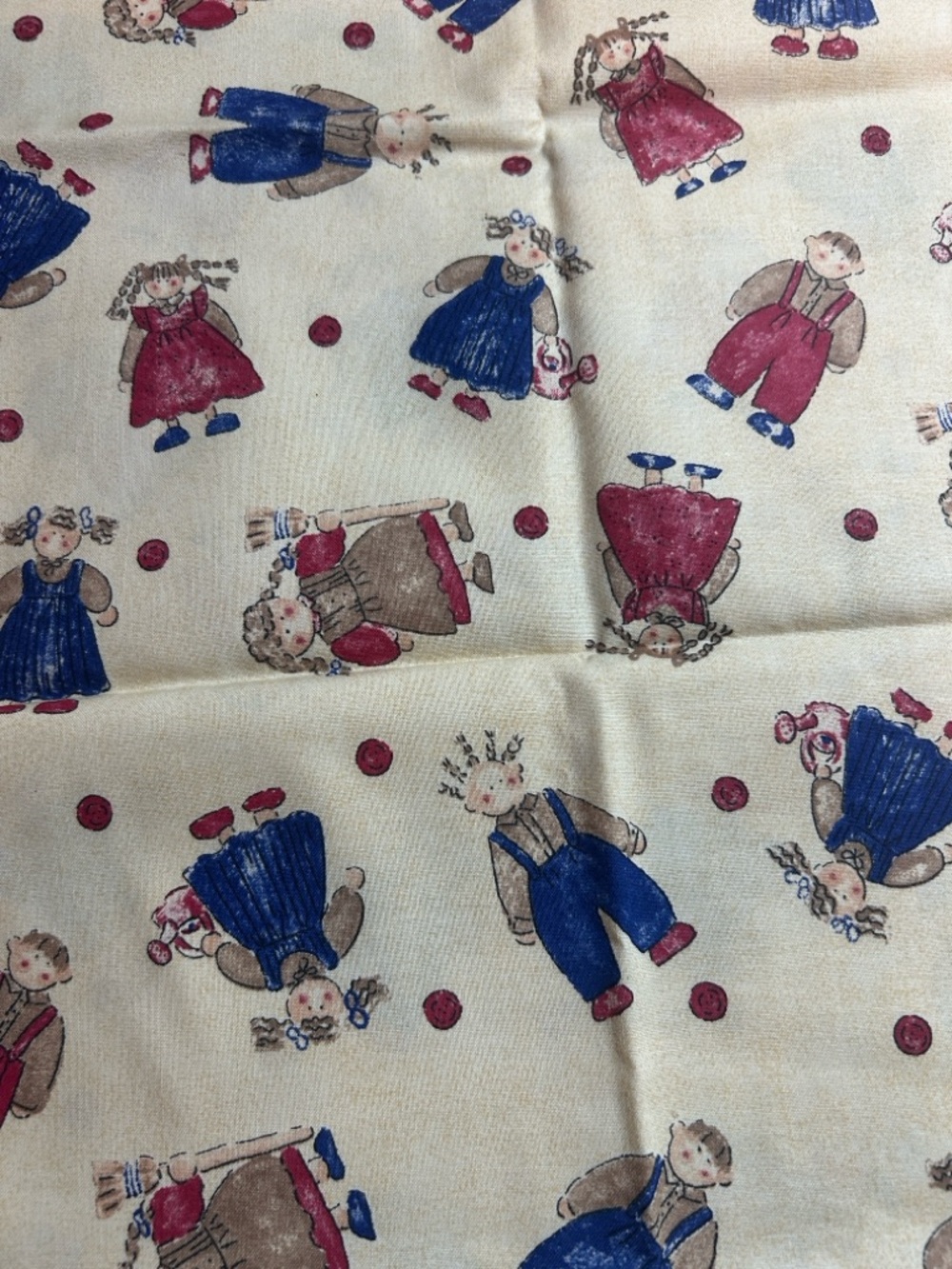 Cute Doll Print Fabric Panel in Blue and Red